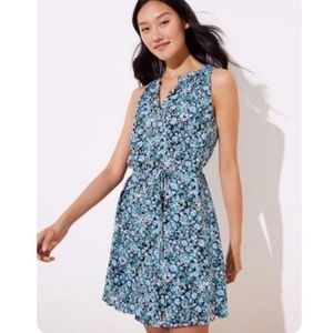 LOFT Blue Floral Tie Waist Sleeveless Dress- Size M